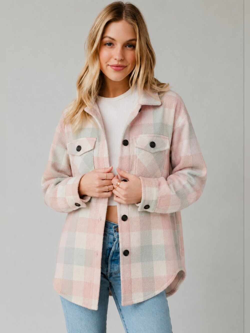 Soft Pastel Plaid Button-Up Shacket | Small